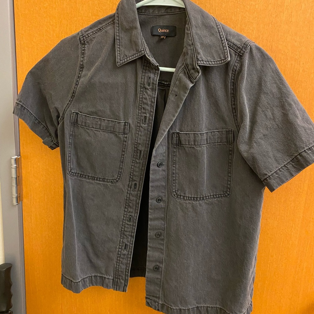Quince Distressed Denim Short Sleeve Shirt